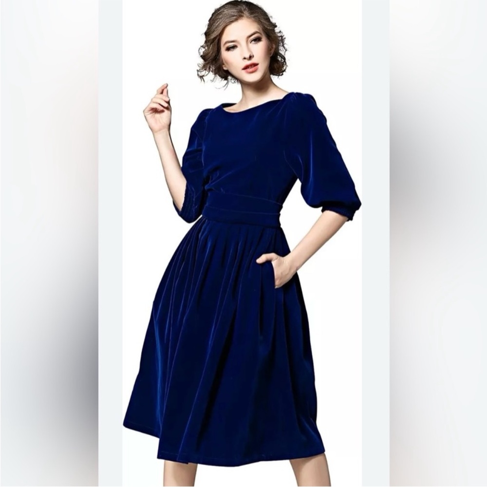 FEIINVAN Blue Velvet Long Sleeve Holiday Dress, Women’s Sz XL